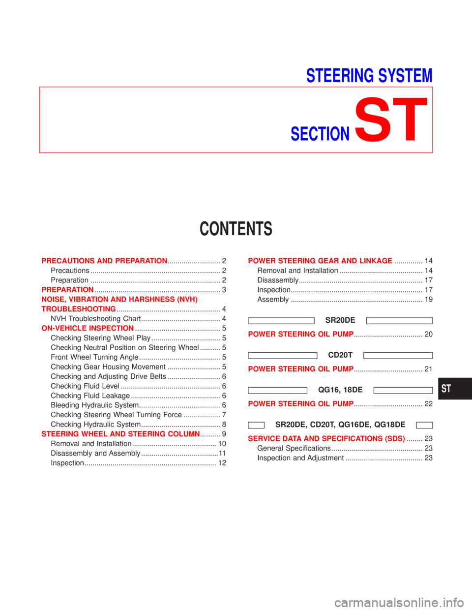 NISSAN PRIMERA 1999  Electronic Repair Manual STEERING SYSTEM
SECTION
ST
CONTENTS
PRECAUTIONS AND PREPARATION.......................... 2
Precautions ................................................................ 2
Preparation .................