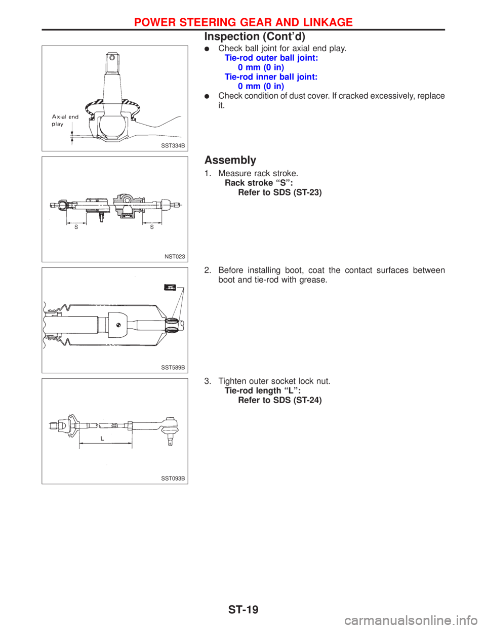 NISSAN PRIMERA 1999  Electronic Repair Manual lCheck ball joint for axial end play.
Tie-rod outer ball joint:
0mm(0in)
Tie-rod inner ball joint:
0mm(0in)
lCheck condition of dust cover. If cracked excessively, replace
it.
Assembly
1. Measure rack