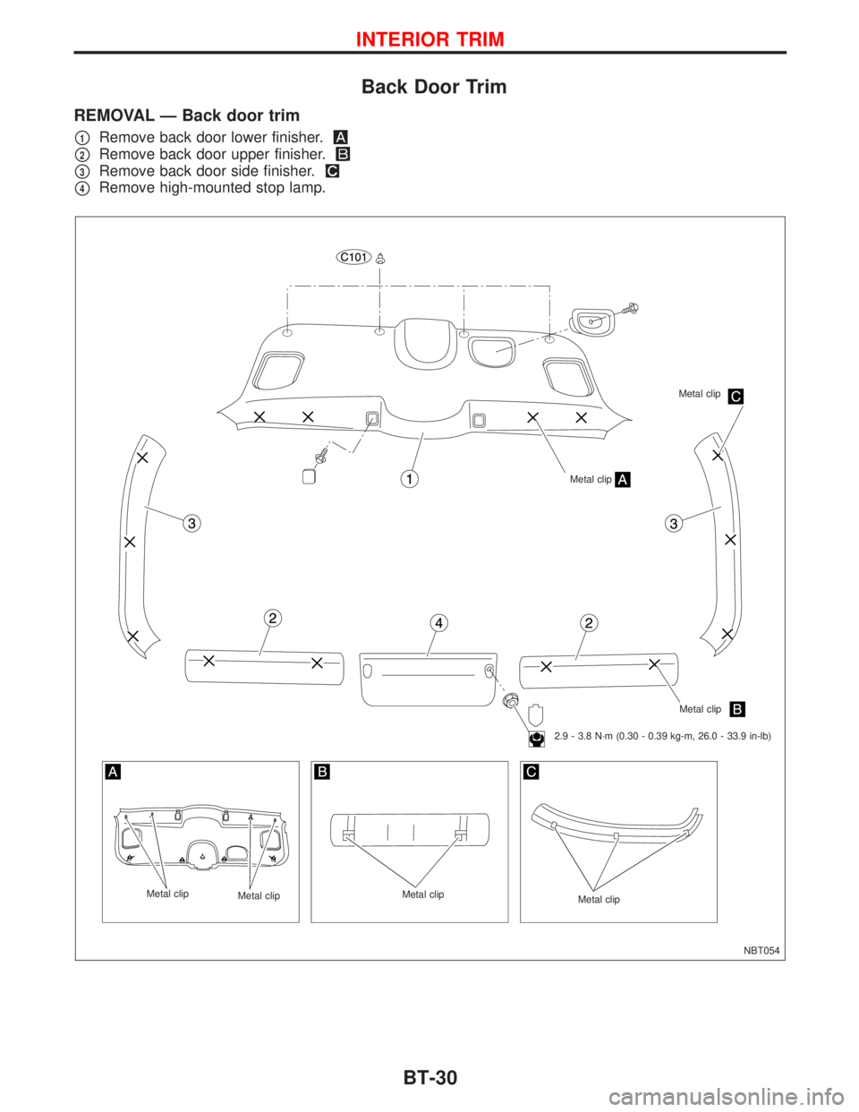NISSAN PRIMERA 1999 Electronic Repair Manual Back Door Trim
REMOVAL Ð Back door trim
p1Remove back door lower finisher.
p2Remove back door upper finisher.
p3Remove back door side finisher.
p4Remove high-mounted stop lamp.
NBT054 Metal clip
Meta NISSAN PRIMERA 1999 Electronic Repair Manual Back Door Trim
REMOVAL Ð Back door trim
p1Remove back door lower finisher.
p2Remove back door upper finisher.
p3Remove back door side finisher.
p4Remove high-mounted stop lamp.
NBT054 Metal clip
Meta