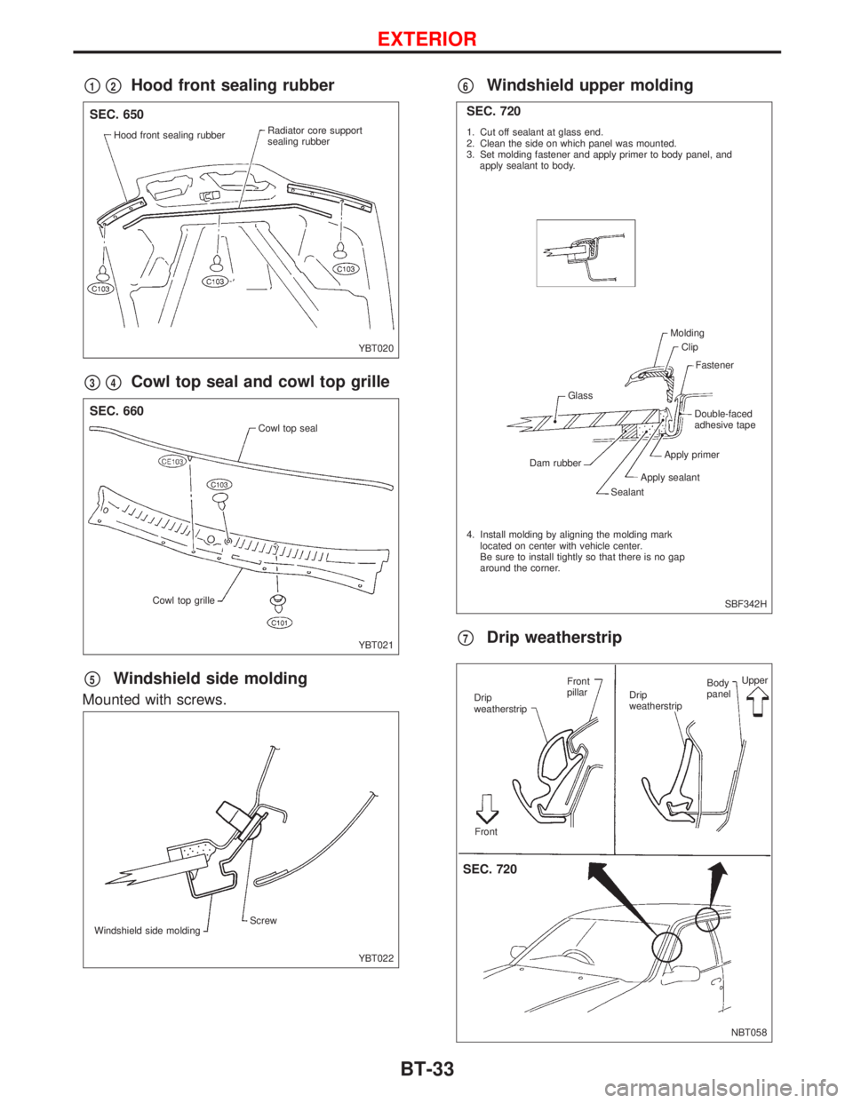 NISSAN PRIMERA 1999 Electronic Repair Manual p1p2Hood front sealing rubber
p3p4Cowl top seal and cowl top grille
p5Windshield side molding
Mounted with screws.
p6Windshield upper molding
p7Drip weatherstrip
YBT020 Hood front sealing rubber
SEC. NISSAN PRIMERA 1999 Electronic Repair Manual p1p2Hood front sealing rubber
p3p4Cowl top seal and cowl top grille
p5Windshield side molding
Mounted with screws.
p6Windshield upper molding
p7Drip weatherstrip
YBT020 Hood front sealing rubber
SEC.