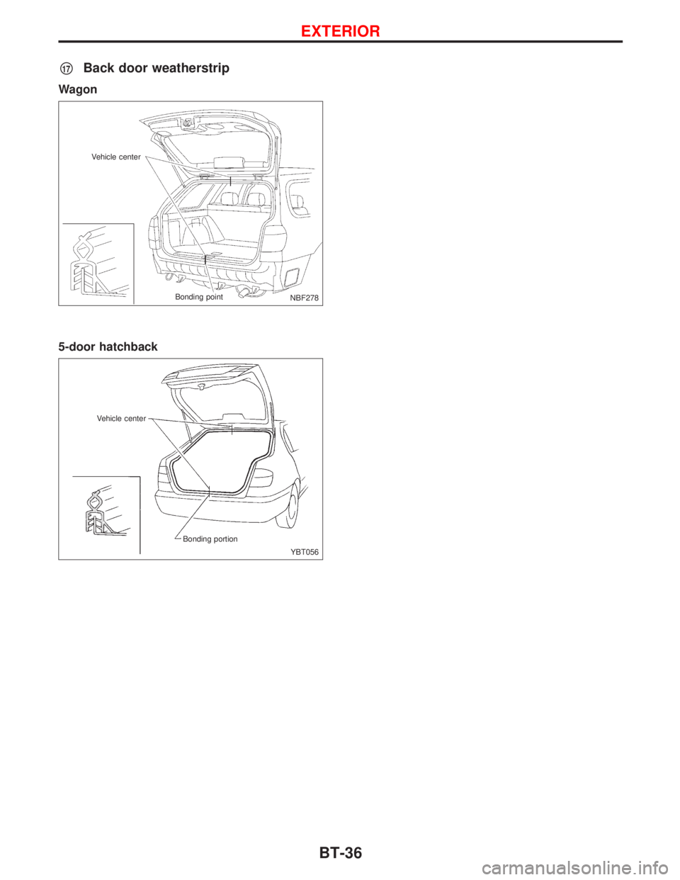 NISSAN PRIMERA 1999 Electronic Repair Manual p17Back door weatherstrip
Wagon
5-door hatchback
NBF278 Vehicle center
Bonding point
YBT056 Vehicle center
Bonding portion
EXTERIOR
BT-36 NISSAN PRIMERA 1999 Electronic Repair Manual p17Back door weatherstrip
Wagon
5-door hatchback
NBF278 Vehicle center
Bonding point
YBT056 Vehicle center
Bonding portion
EXTERIOR
BT-36