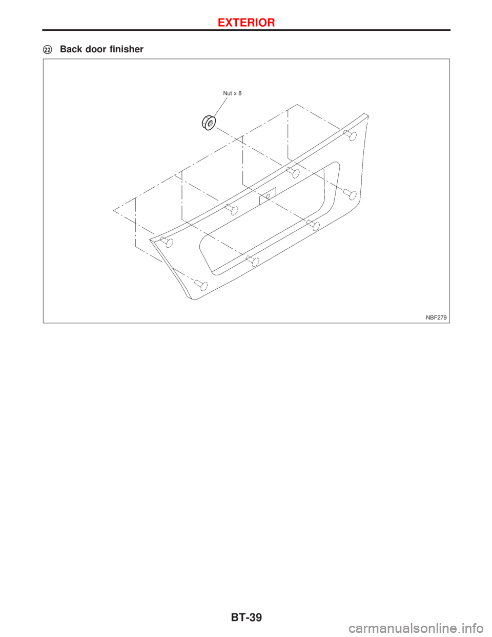 NISSAN PRIMERA 1999  Electronic Repair Manual p22Back door finisher
NBF279 Nutx8
EXTERIOR
BT-39 