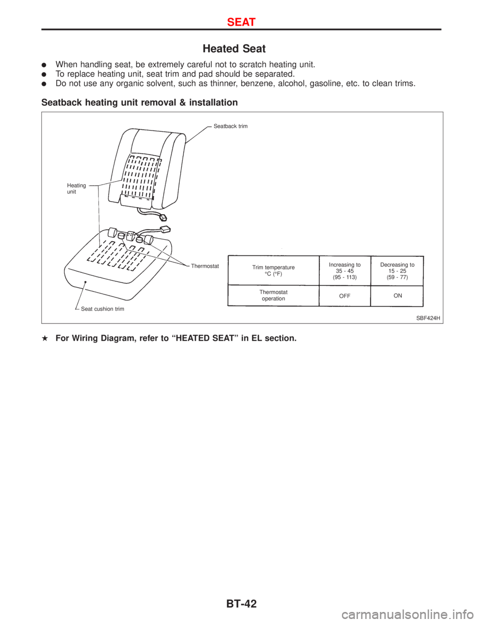 NISSAN PRIMERA 1999  Electronic Repair Manual Heated Seat
lWhen handling seat, be extremely careful not to scratch heating unit.
lTo replace heating unit, seat trim and pad should be separated.
lDo not use any organic solvent, such as thinner, be