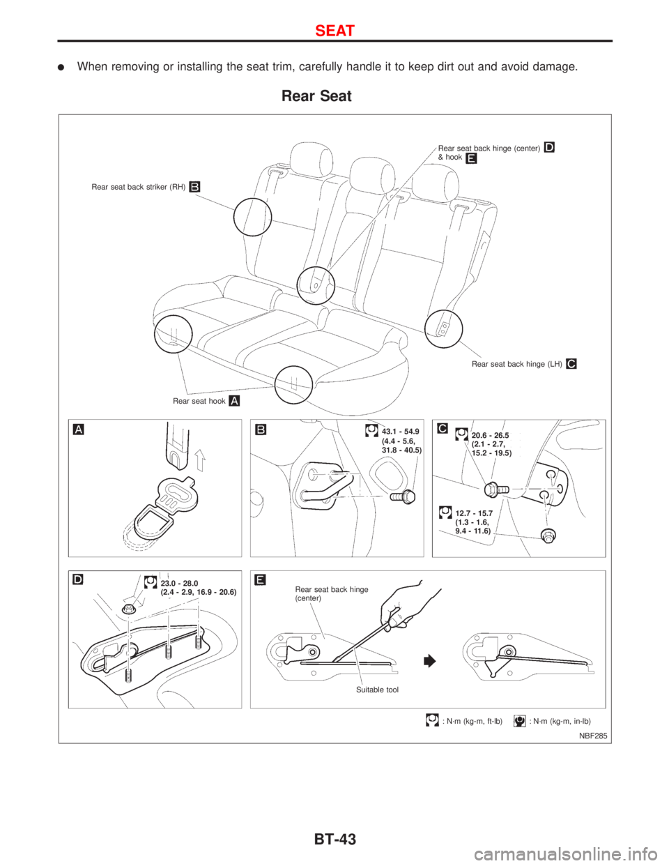 NISSAN PRIMERA 1999  Electronic Repair Manual lWhen removing or installing the seat trim, carefully handle it to keep dirt out and avoid damage.
Rear Seat
NBF285 Rear seat back striker (RH)
Rear seat back hinge (center)& hook
Rear seat back hinge