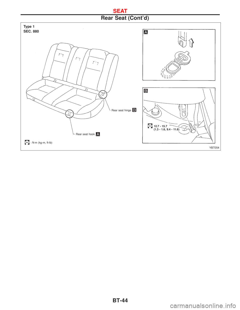 NISSAN PRIMERA 1999  Electronic Repair Manual YBT054
Type 1
SEC. 880
Rear seat hinge
Rear seat hook
: N´m (kg-m, ft-lb)
12.7 - 15.7
(1.3 - 1.6, 9.4 - 11.6)
SEAT
Rear Seat (Contd)
BT-44 