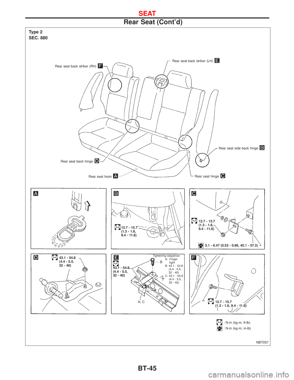 NISSAN PRIMERA 1999  Electronic Repair Manual NBT057
Type 2
SEC. 880
Rear seat back striker (RH)
Rear seat back striker (LH)
Rear seat side back hinge
Rear seat hingeRear seat hook
Rear seat back hinge
12.7 - 15.7
(1.3 - 1.6,
9.4 - 11.6)
12.7 - 1