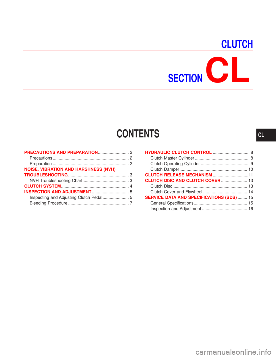 NISSAN PRIMERA 1999 Electronic Repair Manual CLUTCH
SECTION
CL
CONTENTS
PRECAUTIONS AND PREPARATION.......................... 2
Precautions ................................................................ 2
Preparation .......................... NISSAN PRIMERA 1999 Electronic Repair Manual CLUTCH
SECTION
CL
CONTENTS
PRECAUTIONS AND PREPARATION.......................... 2
Precautions ................................................................ 2
Preparation ..........................
