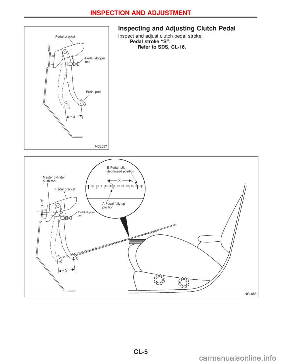 NISSAN PRIMERA 1999 Electronic Repair Manual Inspecting and Adjusting Clutch Pedal
Inspect and adjust clutch pedal stroke.
Pedal stroke ªSº:
Refer to SDS, CL-16.
NCL057
Pedal bracket
Pedal stopper
bolt
Pedal pad
NCL058 Master cylinder
push rod NISSAN PRIMERA 1999 Electronic Repair Manual Inspecting and Adjusting Clutch Pedal
Inspect and adjust clutch pedal stroke.
Pedal stroke ªSº:
Refer to SDS, CL-16.
NCL057
Pedal bracket
Pedal stopper
bolt
Pedal pad
NCL058 Master cylinder
push rod