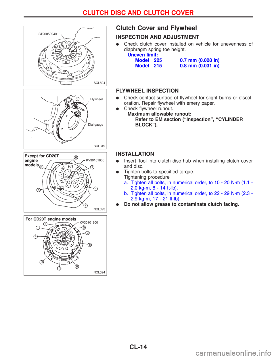 NISSAN PRIMERA 1999 Electronic Repair Manual Clutch Cover and Flywheel
INSPECTION AND ADJUSTMENT
lCheck clutch cover installed on vehicle for unevenness of
diaphragm spring toe height.
Uneven limit:
Model 225 0.7 mm (0.028 in)
Model 215 0.8 mm ( NISSAN PRIMERA 1999 Electronic Repair Manual Clutch Cover and Flywheel
INSPECTION AND ADJUSTMENT
lCheck clutch cover installed on vehicle for unevenness of
diaphragm spring toe height.
Uneven limit:
Model 225 0.7 mm (0.028 in)
Model 215 0.8 mm (