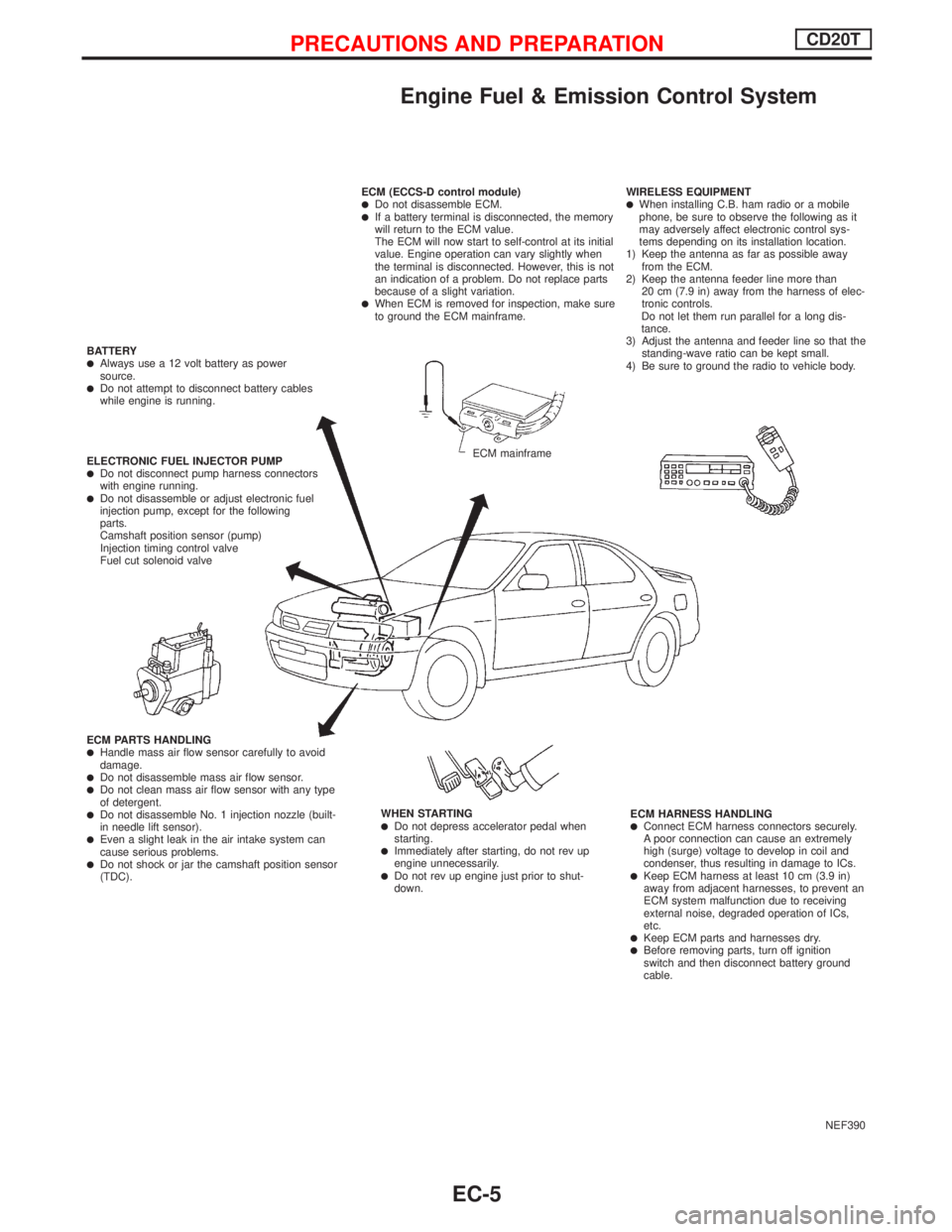 NISSAN PRIMERA 1999  Electronic Repair Manual Engine Fuel & Emission Control System
NEF390 ECM (ECCS-D control module)
lDo not disassemble ECM.lIf a battery terminal is disconnected, the memory
will return to the ECM value.
The ECM will now start