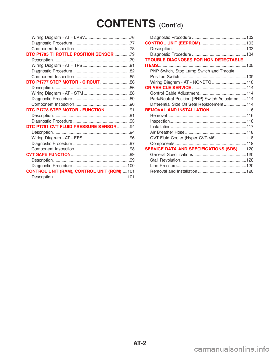 NISSAN PRIMERA 1999 Electronic Repair Manual Wiring Diagram - AT - LPSV......................................76
Diagnostic Procedure ................................................77
Component Inspection ........................................ NISSAN PRIMERA 1999 Electronic Repair Manual Wiring Diagram - AT - LPSV......................................76
Diagnostic Procedure ................................................77
Component Inspection ........................................
