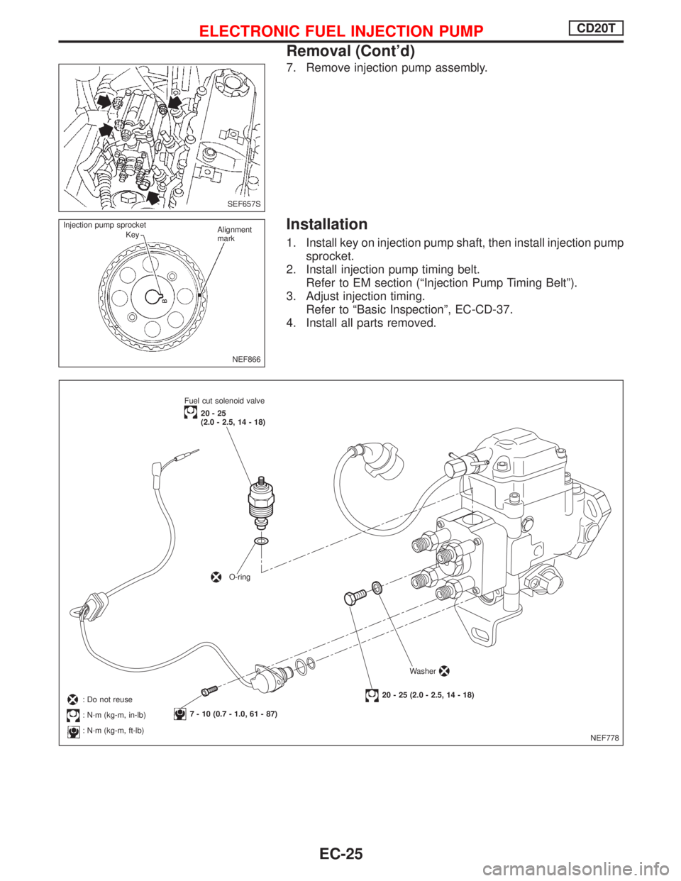 NISSAN PRIMERA 1999 Electronic Repair Manual 7. Remove injection pump assembly.
Installation
1. Install key on injection pump shaft, then install injection pump
sprocket.
2. Install injection pump timing belt.
Refer to EM section (ªInjection Pu NISSAN PRIMERA 1999 Electronic Repair Manual 7. Remove injection pump assembly.
Installation
1. Install key on injection pump shaft, then install injection pump
sprocket.
2. Install injection pump timing belt.
Refer to EM section (ªInjection Pu