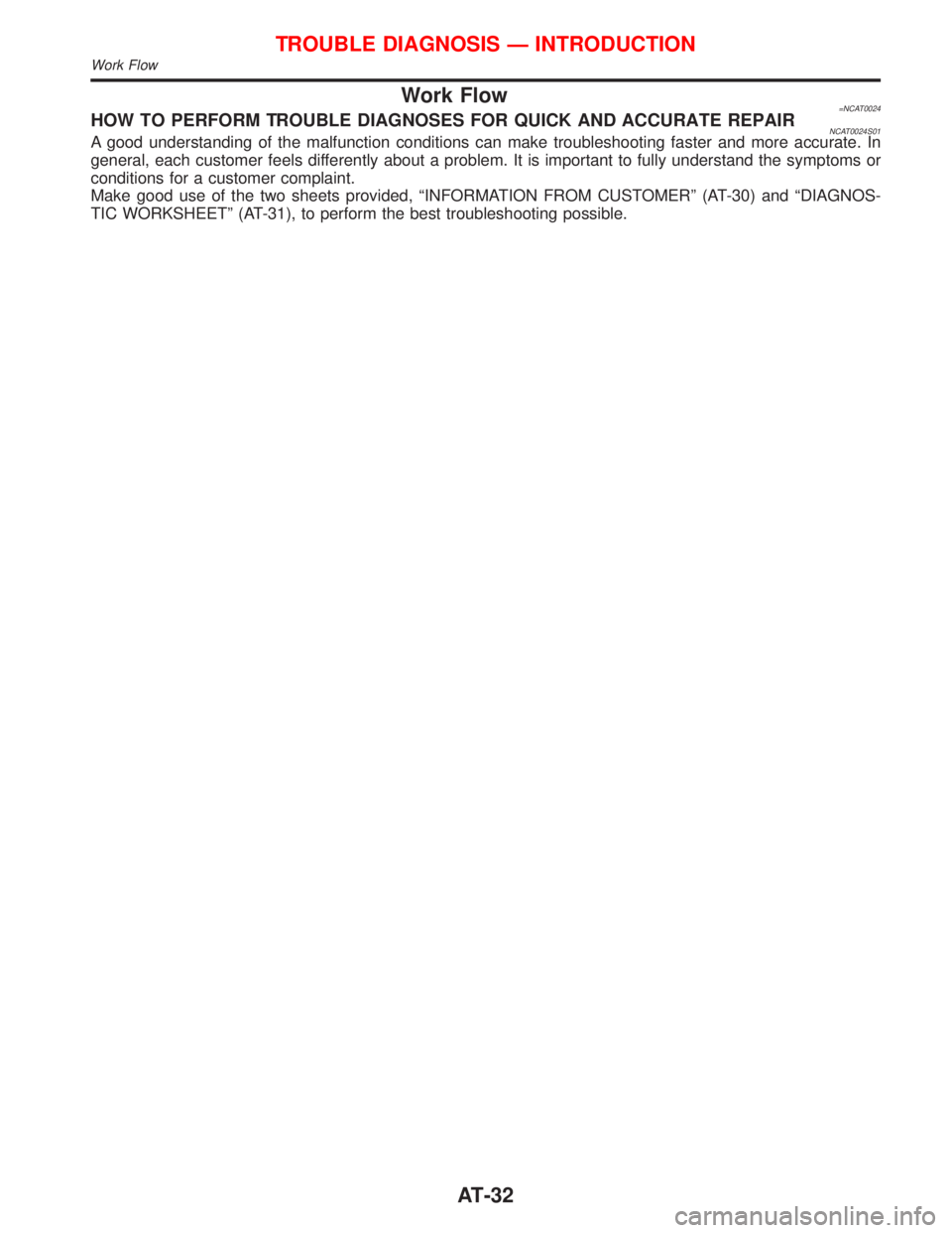 NISSAN PRIMERA 1999  Electronic Owners Guide Work Flow=NCAT0024HOW TO PERFORM TROUBLE DIAGNOSES FOR QUICK AND ACCURATE REPAIRNCAT0024S01A good understanding of the malfunction conditions can make troubleshooting faster and more accurate. In
gene