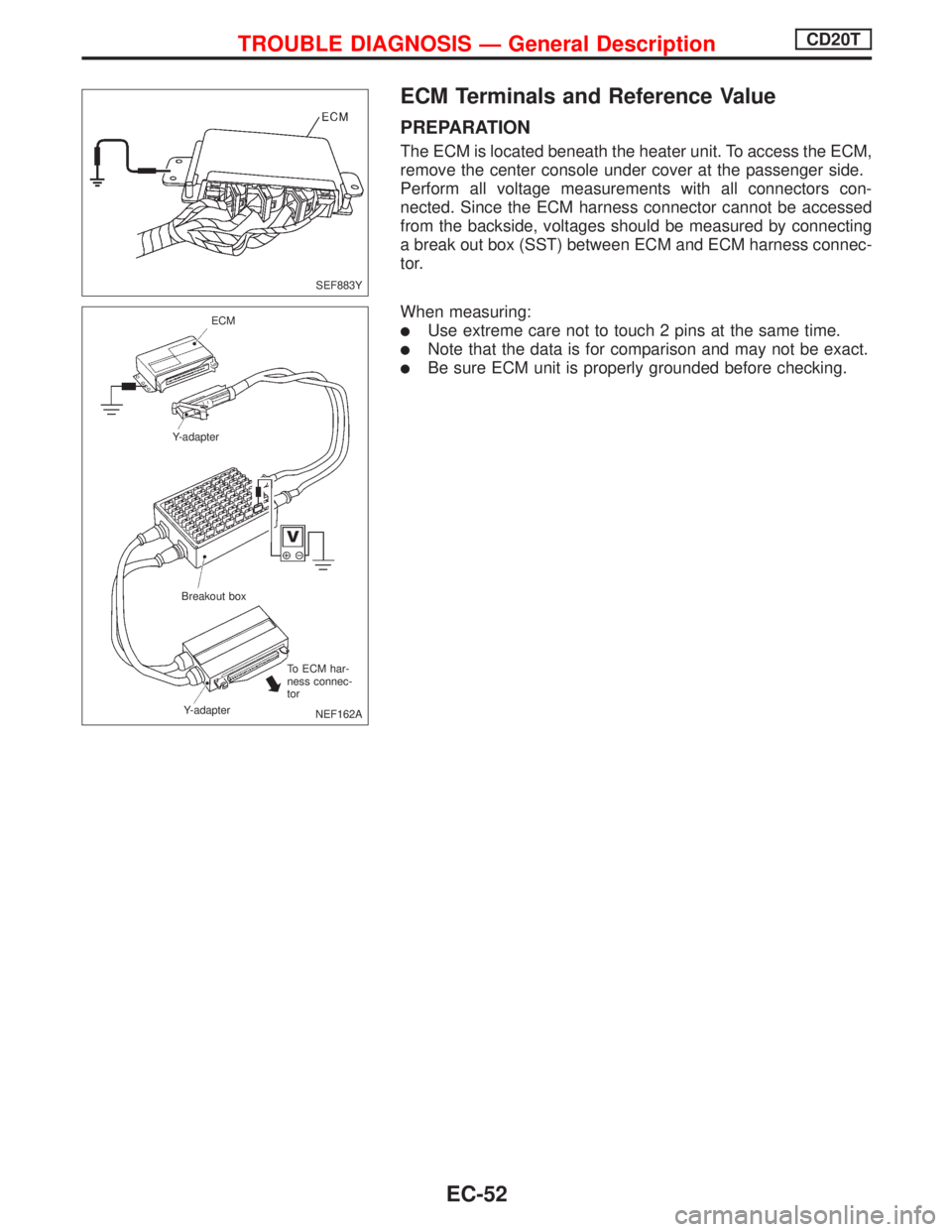NISSAN PRIMERA 1999  Electronic Repair Manual ECM Terminals and Reference Value
PREPARATION
The ECM is located beneath the heater unit. To access the ECM,
remove the center console under cover at the passenger side.
Perform all voltage measuremen