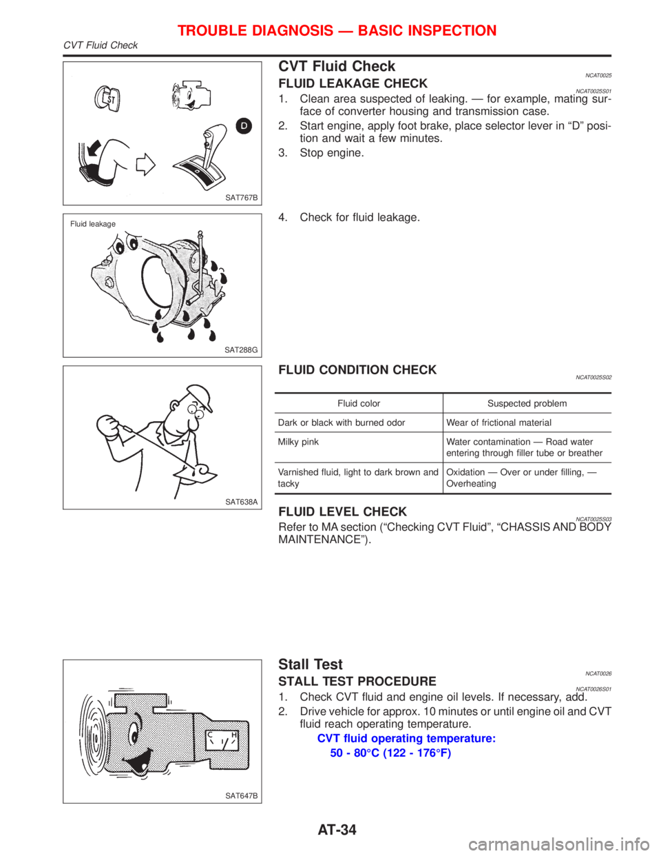 NISSAN PRIMERA 1999 Electronic Owners Guide CVT Fluid CheckNCAT0025FLUID LEAKAGE CHECKNCAT0025S011. Clean area suspected of leaking. Ð for example, mating sur-
face of converter housing and transmission case.
2. Start engine, apply foot brake, NISSAN PRIMERA 1999 Electronic Owners Guide CVT Fluid CheckNCAT0025FLUID LEAKAGE CHECKNCAT0025S011. Clean area suspected of leaking. Ð for example, mating sur-
face of converter housing and transmission case.
2. Start engine, apply foot brake,