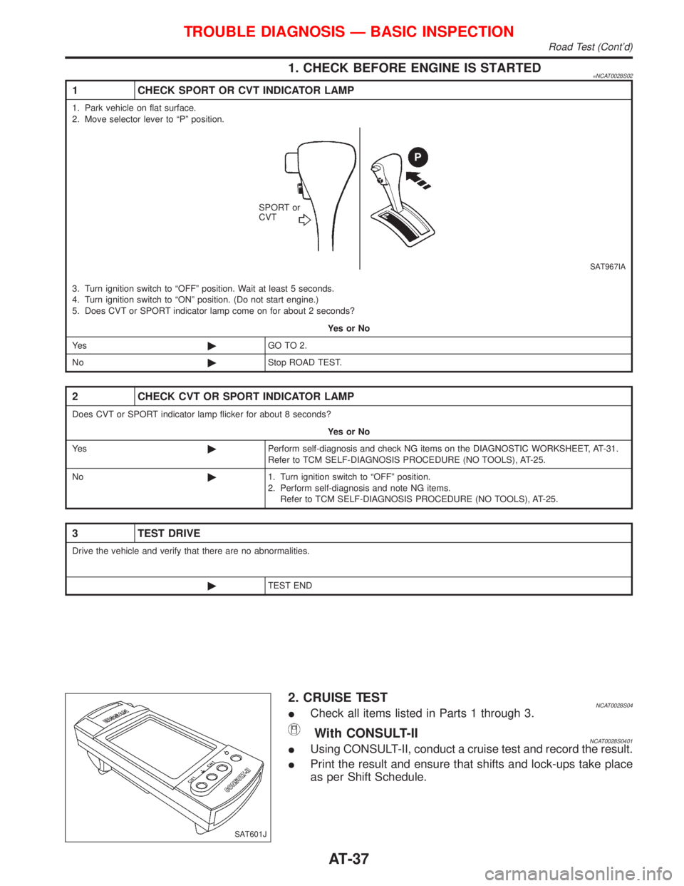 NISSAN PRIMERA 1999 Electronic Repair Manual 1. CHECK BEFORE ENGINE IS STARTED=NCAT0028S02
1 CHECK SPORT OR CVT INDICATOR LAMP
1. Park vehicle on flat surface.
2. Move selector lever to ªPº position.
SAT967IA
SPORT or
CVT
3. Turn ignition swit NISSAN PRIMERA 1999 Electronic Repair Manual 1. CHECK BEFORE ENGINE IS STARTED=NCAT0028S02
1 CHECK SPORT OR CVT INDICATOR LAMP
1. Park vehicle on flat surface.
2. Move selector lever to ªPº position.
SAT967IA
SPORT or
CVT
3. Turn ignition swit