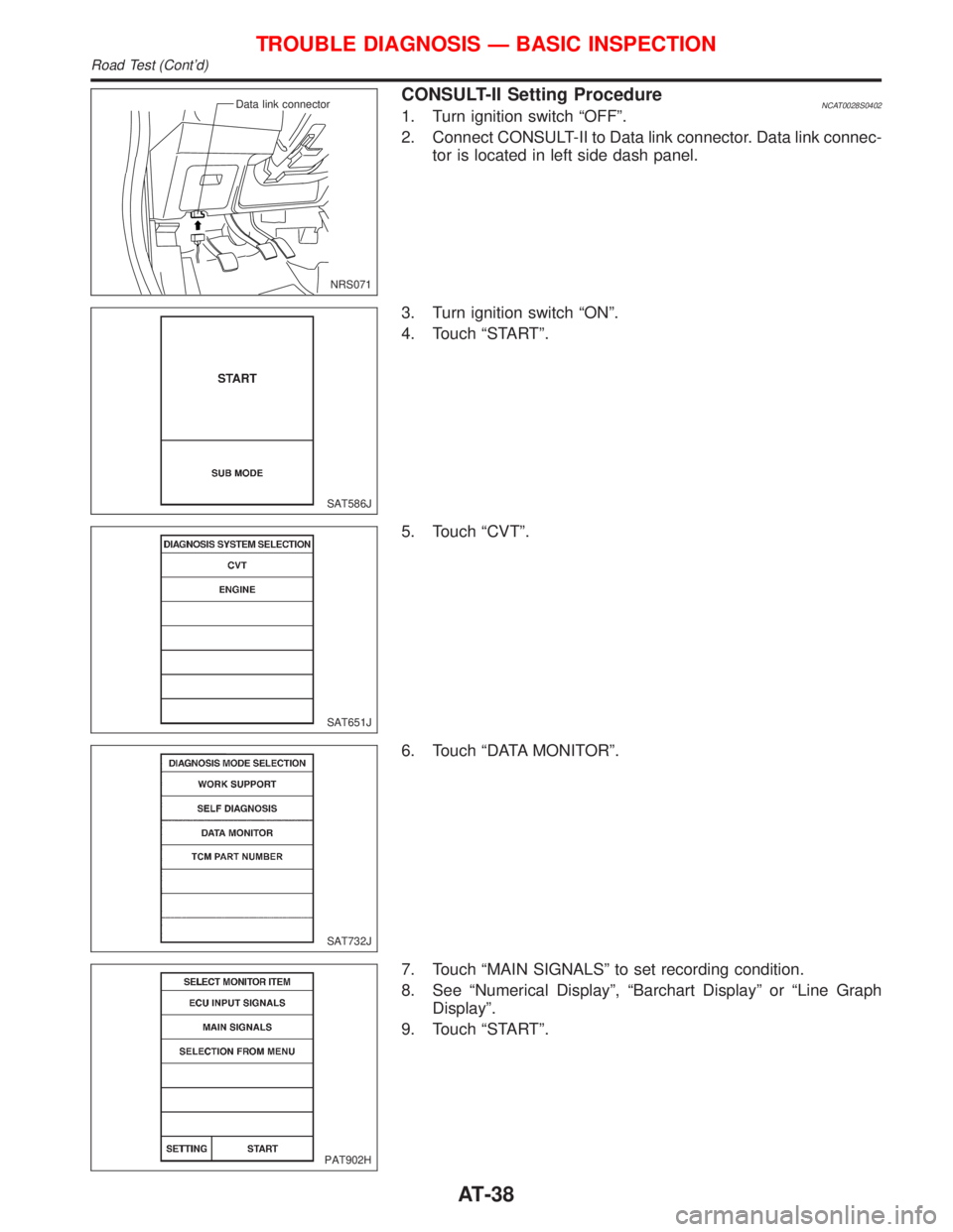 NISSAN PRIMERA 1999 Electronic Repair Manual CONSULT-II Setting ProcedureNCAT0028S04021. Turn ignition switch ªOFFº.
2. Connect CONSULT-II to Data link connector. Data link connec-
tor is located in left side dash panel.
3. Turn ignition switc NISSAN PRIMERA 1999 Electronic Repair Manual CONSULT-II Setting ProcedureNCAT0028S04021. Turn ignition switch ªOFFº.
2. Connect CONSULT-II to Data link connector. Data link connec-
tor is located in left side dash panel.
3. Turn ignition switc