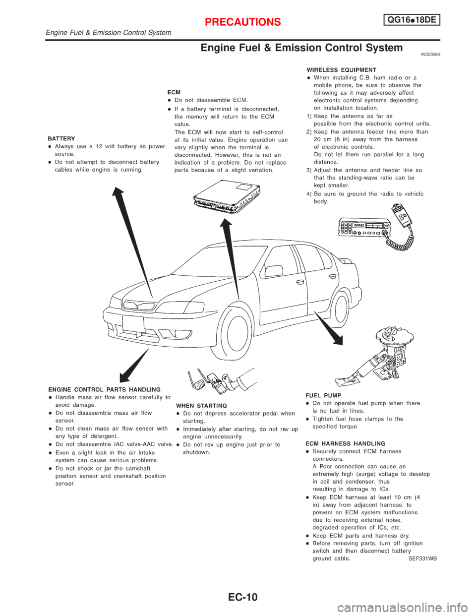 NISSAN PRIMERA 1999  Electronic Repair Manual Engine Fuel & Emission Control SystemNCEC0004
SEF331WB
PRECAUTIONSQG16I18DE
Engine Fuel & Emission Control System
EC-10 