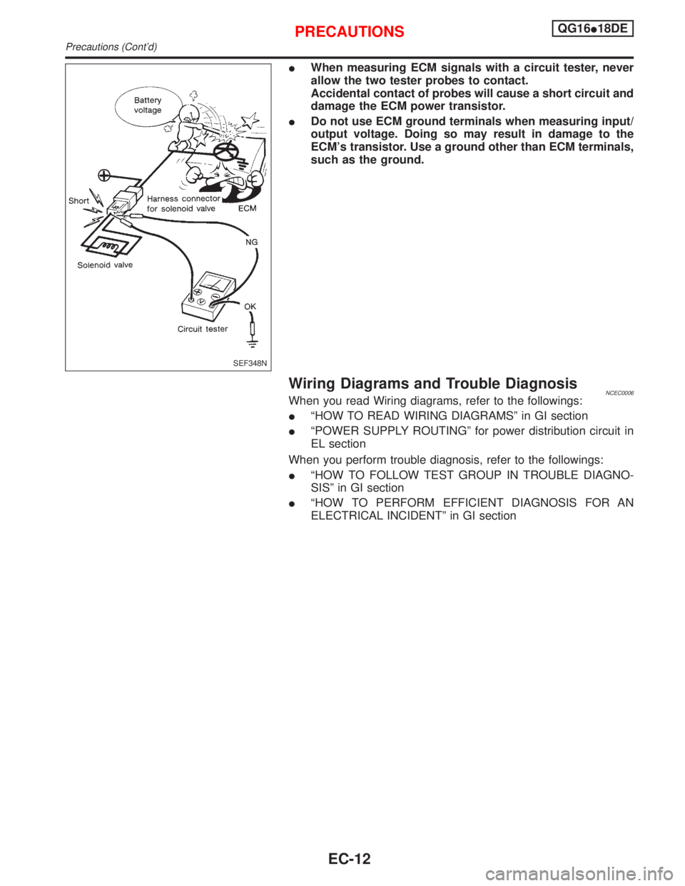 NISSAN PRIMERA 1999  Electronic Repair Manual IWhen measuring ECM signals with a circuit tester, never
allow the two tester probes to contact.
Accidental contact of probes will cause a short circuit and
damage the ECM power transistor.
IDo not us