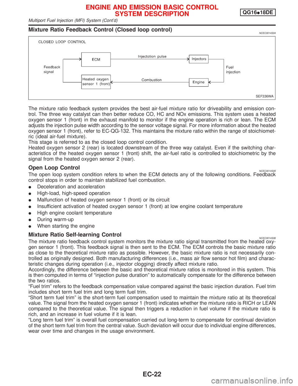 NISSAN PRIMERA 1999 Electronic Repair Manual Mixture Ratio Feedback Control (Closed loop control)NCEC0014S04
The mixture ratio feedback system provides the best air-fuel mixture ratio for driveability and emission con-
trol. The three way cataly NISSAN PRIMERA 1999 Electronic Repair Manual Mixture Ratio Feedback Control (Closed loop control)NCEC0014S04
The mixture ratio feedback system provides the best air-fuel mixture ratio for driveability and emission con-
trol. The three way cataly