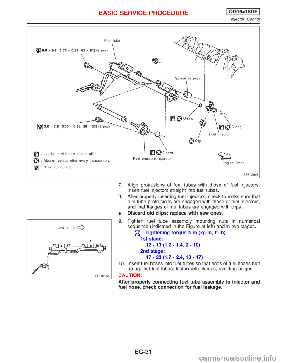 NISSAN PRIMERA 1999 Electronic Repair Manual 7. Align protrusions of fuel tubes with those of fuel injectors.
Insert fuel injectors straight into fuel tubes.
8. After properly inserting fuel injectors, check to make sure that
fuel tube protrusio NISSAN PRIMERA 1999 Electronic Repair Manual 7. Align protrusions of fuel tubes with those of fuel injectors.
Insert fuel injectors straight into fuel tubes.
8. After properly inserting fuel injectors, check to make sure that
fuel tube protrusio