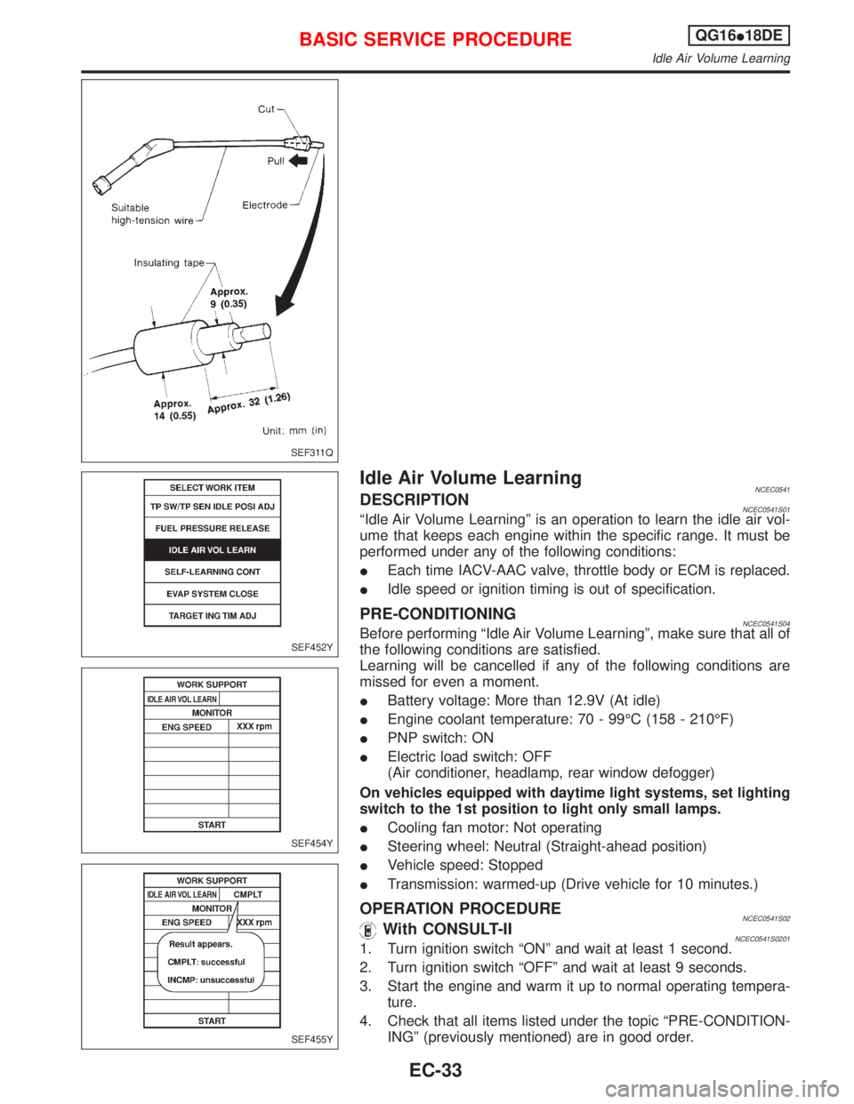 NISSAN PRIMERA 1999  Electronic Repair Manual Idle Air Volume LearningNCEC0541DESCRIPTIONNCEC0541S01ªIdle Air Volume Learningº is an operation to learn the idle air vol-
ume that keeps each engine within the specific range. It must be
performed