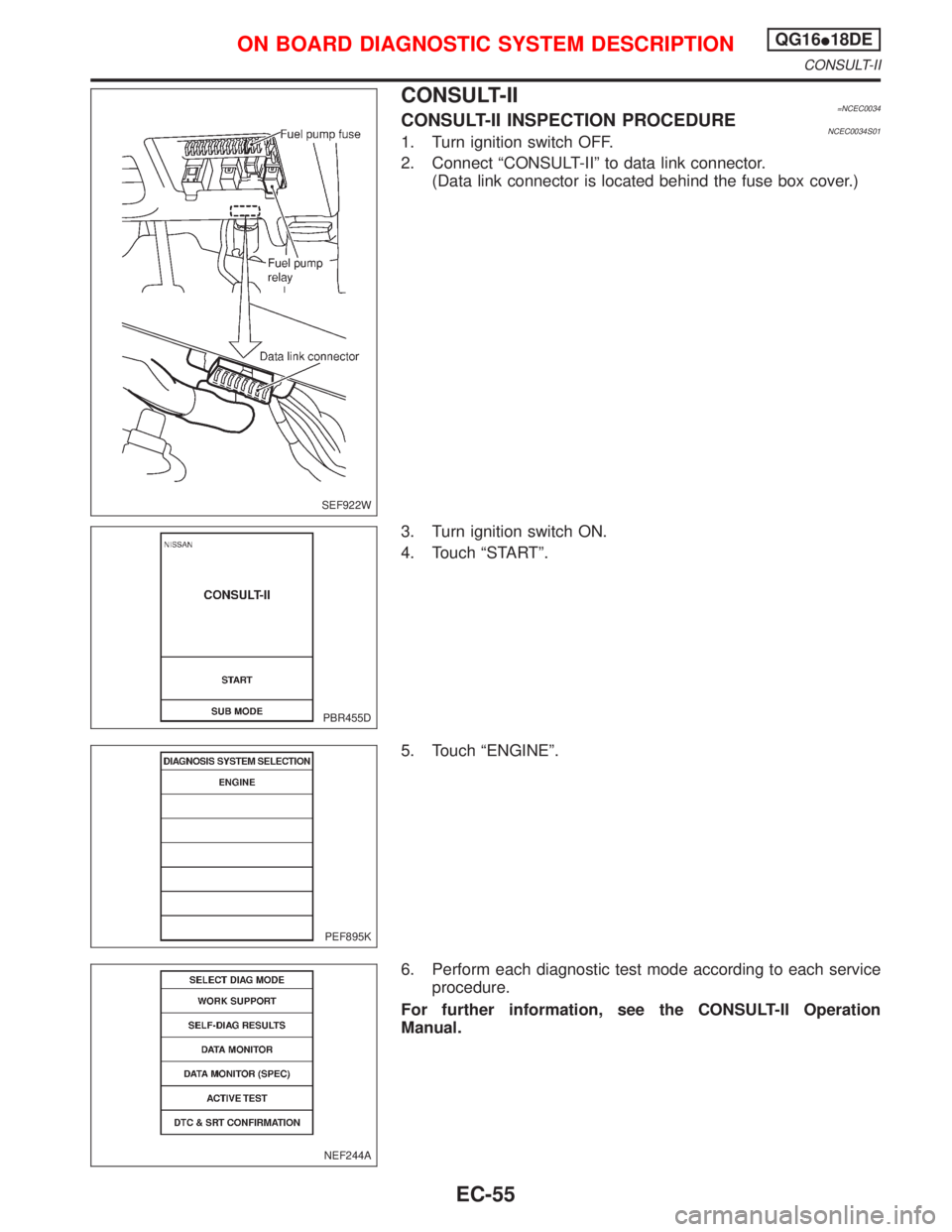 NISSAN PRIMERA 1999 Electronic Repair Manual CONSULT-II=NCEC0034CONSULT-II INSPECTION PROCEDURENCEC0034S011. Turn ignition switch OFF.
2. Connect ªCONSULT-IIº to data link connector.
(Data link connector is located behind the fuse box cover.)
NISSAN PRIMERA 1999 Electronic Repair Manual CONSULT-II=NCEC0034CONSULT-II INSPECTION PROCEDURENCEC0034S011. Turn ignition switch OFF.
2. Connect ªCONSULT-IIº to data link connector.
(Data link connector is located behind the fuse box cover.)