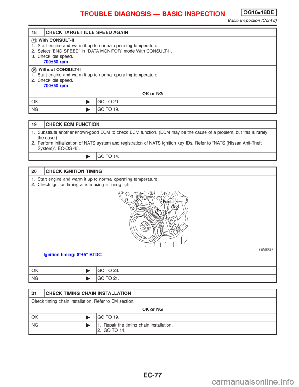 NISSAN PRIMERA 1999 Electronic Repair Manual 18 CHECK TARGET IDLE SPEED AGAIN
With CONSULT-II
1. Start engine and warm it up to normal operating temperature.
2. Select ªENG SPEEDº in ªDATA MONITORº mode With CONSULT-II.
3. Check idle speed.
NISSAN PRIMERA 1999 Electronic Repair Manual 18 CHECK TARGET IDLE SPEED AGAIN
With CONSULT-II
1. Start engine and warm it up to normal operating temperature.
2. Select ªENG SPEEDº in ªDATA MONITORº mode With CONSULT-II.
3. Check idle speed.