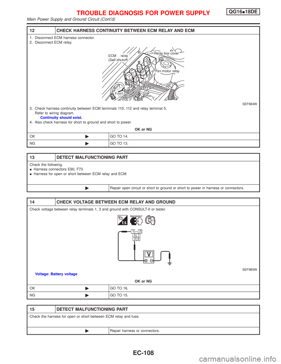 NISSAN PRIMERA 1999  Electronic Repair Manual 12 CHECK HARNESS CONTINUITY BETWEEN ECM RELAY AND ECM
1. Disconnect ECM harness connector.
2. Disconnect ECM relay.
SEF984W3. Check harness continuity between ECM terminals 110, 112 and relay terminal