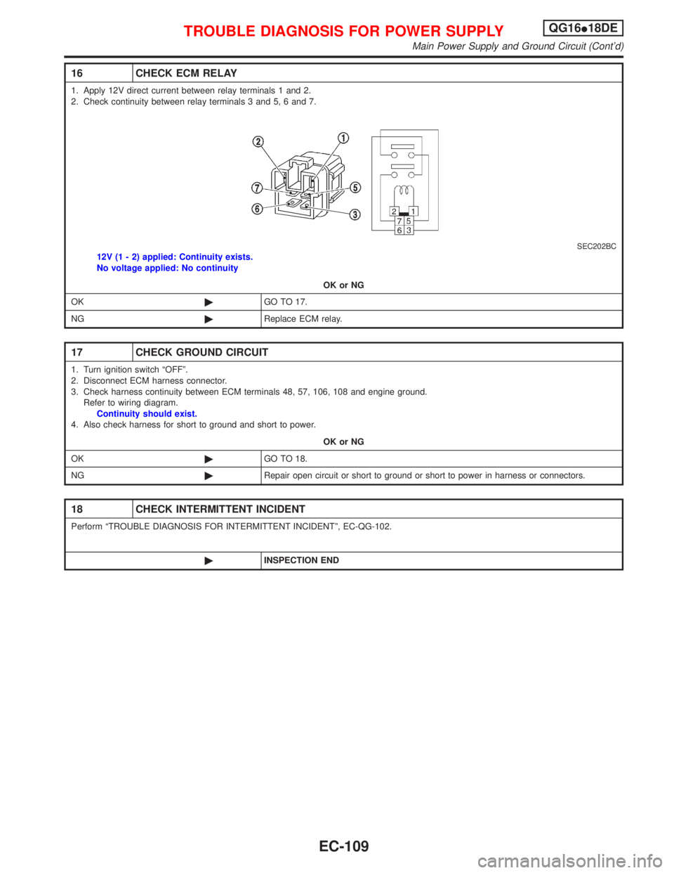 NISSAN PRIMERA 1999 Electronic Repair Manual 16 CHECK ECM RELAY
1. Apply 12V direct current between relay terminals 1 and 2.
2. Check continuity between relay terminals 3 and 5, 6 and 7.
SEC202BC12V (1 - 2) applied: Continuity exists.
No voltage NISSAN PRIMERA 1999 Electronic Repair Manual 16 CHECK ECM RELAY
1. Apply 12V direct current between relay terminals 1 and 2.
2. Check continuity between relay terminals 3 and 5, 6 and 7.
SEC202BC12V (1 - 2) applied: Continuity exists.
No voltage