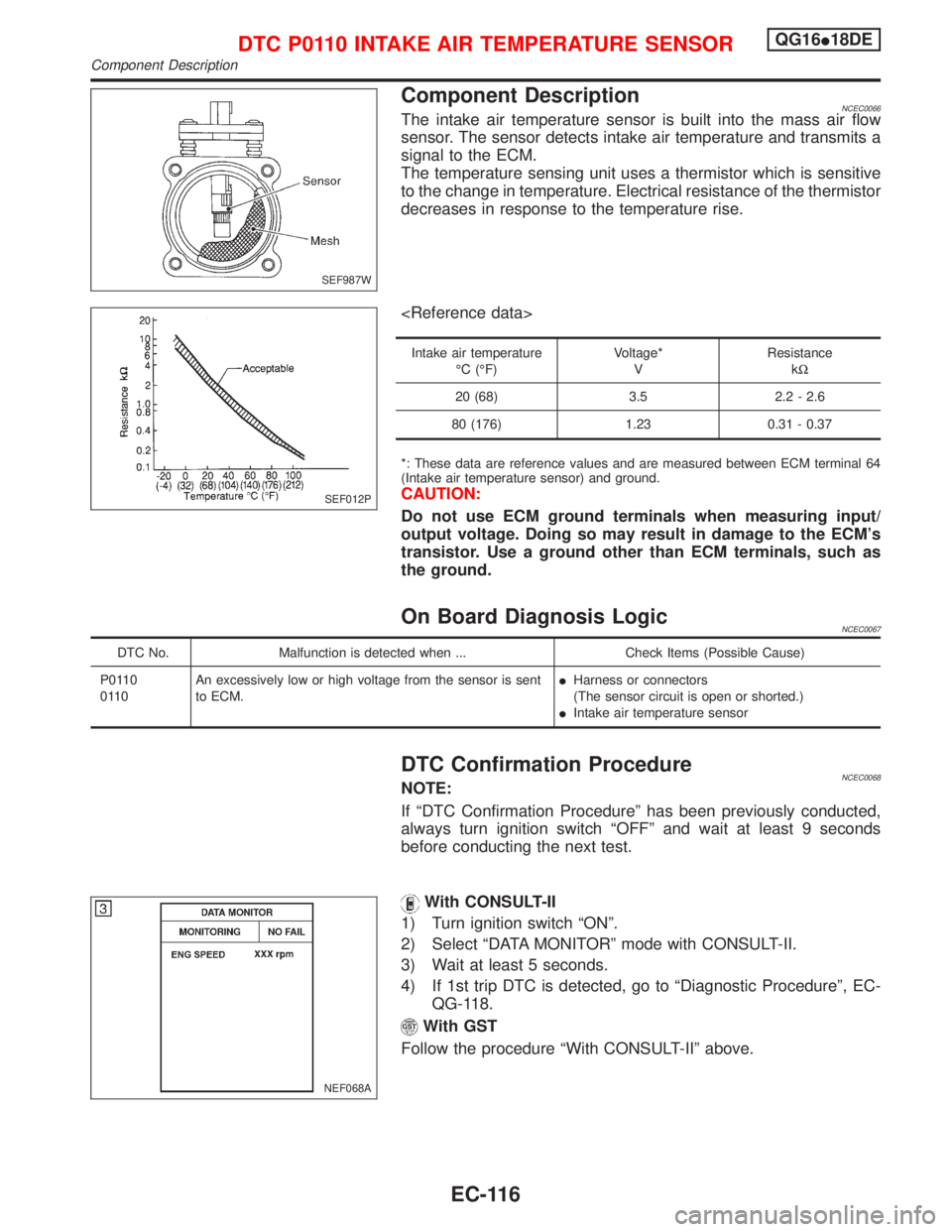 NISSAN PRIMERA 1999 Electronic Repair Manual Component DescriptionNCEC0066The intake air temperature sensor is built into the mass air flow
sensor. The sensor detects intake air temperature and transmits a
signal to the ECM.
The temperature sens NISSAN PRIMERA 1999 Electronic Repair Manual Component DescriptionNCEC0066The intake air temperature sensor is built into the mass air flow
sensor. The sensor detects intake air temperature and transmits a
signal to the ECM.
The temperature sens