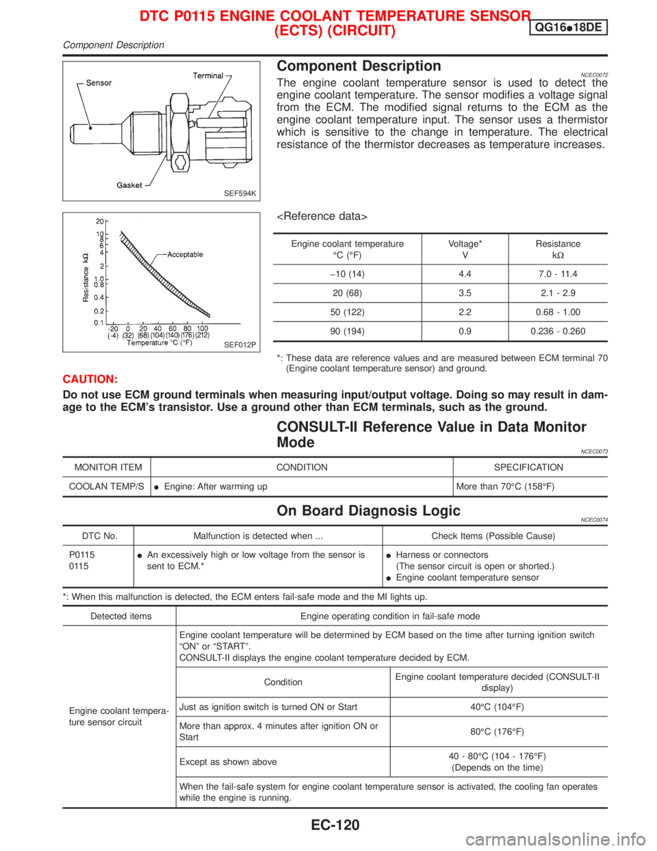 NISSAN PRIMERA 1999  Electronic Repair Manual Component DescriptionNCEC0072The engine coolant temperature sensor is used to detect the
engine coolant temperature. The sensor modifies a voltage signal
from the ECM. The modified signal returns to t