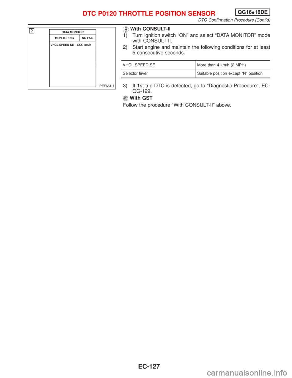 NISSAN PRIMERA 1999  Electronic Repair Manual With CONSULT-II
1) Turn ignition switch ªONº and select ªDATA MONITORº mode
with CONSULT-II.
2) Start engine and maintain the following conditions for at least
5 consecutive seconds.
VHCL SPEED SE