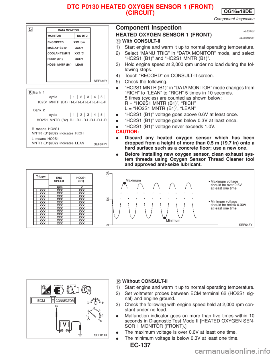 NISSAN PRIMERA 1999  Electronic Repair Manual Component InspectionNLEC0102HEATED OXYGEN SENSOR 1 (FRONT)NLEC0102S01With CONSULT-II
1) Start engine and warm it up to normal operating temperature.
2) Select ªMANU TRIGº in ªDATA MONITORº mode, a