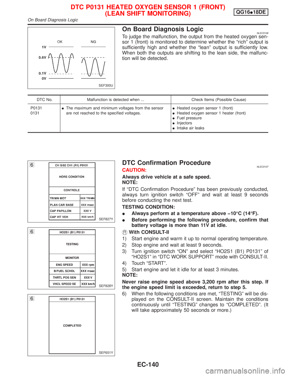 NISSAN PRIMERA 1999 Electronic Repair Manual On Board Diagnosis LogicNLEC0106To judge the malfunction, the output from the heated oxygen sen-
sor 1 (front) is monitored to determine whether the ªrichº output is
sufficiently high and whether th NISSAN PRIMERA 1999 Electronic Repair Manual On Board Diagnosis LogicNLEC0106To judge the malfunction, the output from the heated oxygen sen-
sor 1 (front) is monitored to determine whether the ªrichº output is
sufficiently high and whether th