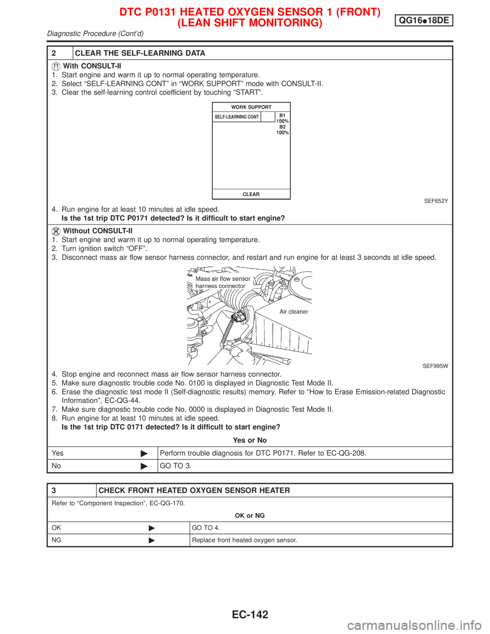 NISSAN PRIMERA 1999 Electronic Repair Manual 2 CLEAR THE SELF-LEARNING DATA
With CONSULT-II
1. Start engine and warm it up to normal operating temperature.
2. Select ªSELF-LEARNING CONTº in ªWORK SUPPORTº mode with CONSULT-II.
3. Clear the s NISSAN PRIMERA 1999 Electronic Repair Manual 2 CLEAR THE SELF-LEARNING DATA
With CONSULT-II
1. Start engine and warm it up to normal operating temperature.
2. Select ªSELF-LEARNING CONTº in ªWORK SUPPORTº mode with CONSULT-II.
3. Clear the s