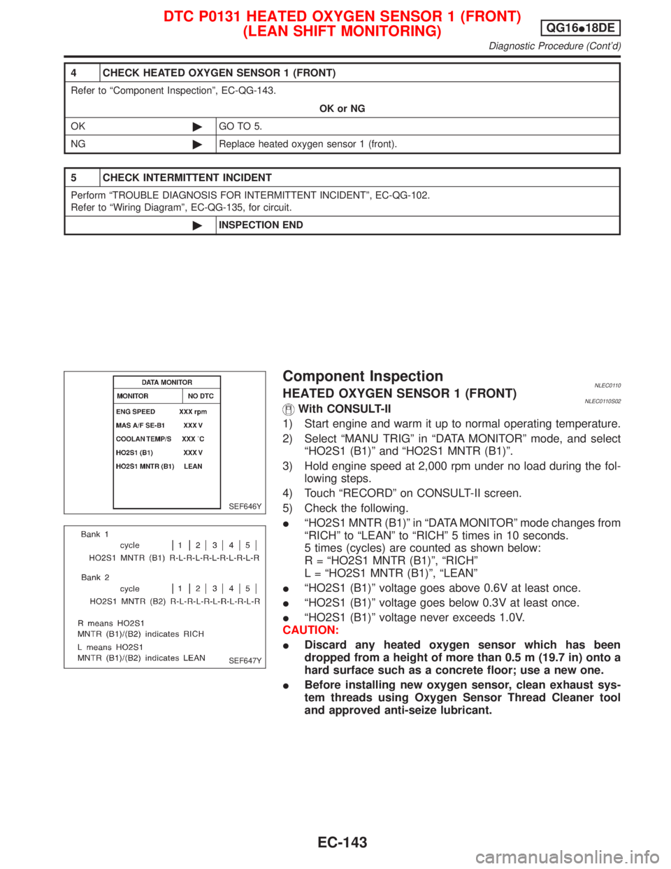NISSAN PRIMERA 1999 Electronic Repair Manual 4 CHECK HEATED OXYGEN SENSOR 1 (FRONT)
Refer to ªComponent Inspectionº, EC-QG-143.
OK or NG
OK©GO TO 5.
NG©Replace heated oxygen sensor 1 (front).
5 CHECK INTERMITTENT INCIDENT
Perform ªTROUBLE D NISSAN PRIMERA 1999 Electronic Repair Manual 4 CHECK HEATED OXYGEN SENSOR 1 (FRONT)
Refer to ªComponent Inspectionº, EC-QG-143.
OK or NG
OK©GO TO 5.
NG©Replace heated oxygen sensor 1 (front).
5 CHECK INTERMITTENT INCIDENT
Perform ªTROUBLE D