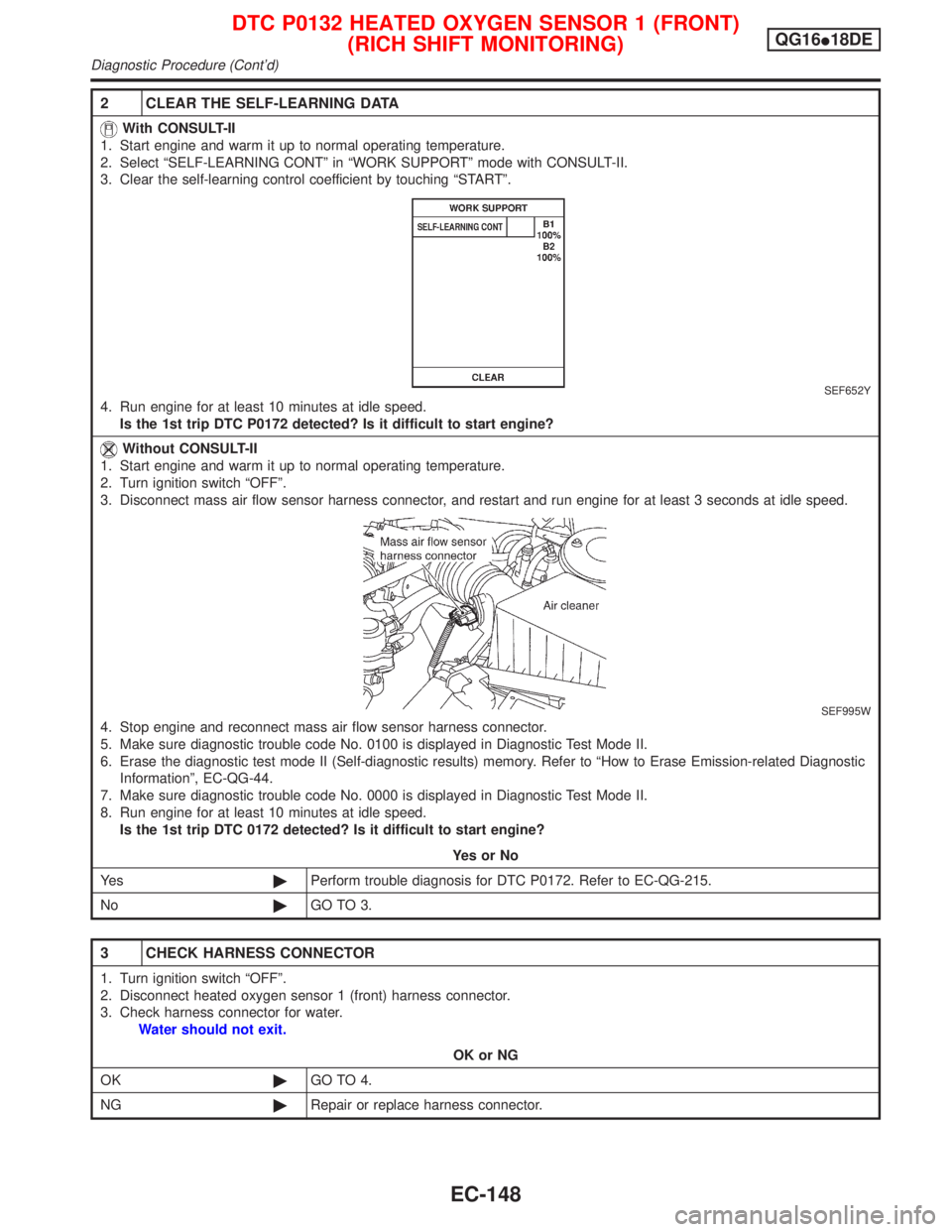 NISSAN PRIMERA 1999 Electronic Repair Manual 2 CLEAR THE SELF-LEARNING DATA
With CONSULT-II
1. Start engine and warm it up to normal operating temperature.
2. Select ªSELF-LEARNING CONTº in ªWORK SUPPORTº mode with CONSULT-II.
3. Clear the s NISSAN PRIMERA 1999 Electronic Repair Manual 2 CLEAR THE SELF-LEARNING DATA
With CONSULT-II
1. Start engine and warm it up to normal operating temperature.
2. Select ªSELF-LEARNING CONTº in ªWORK SUPPORTº mode with CONSULT-II.
3. Clear the s