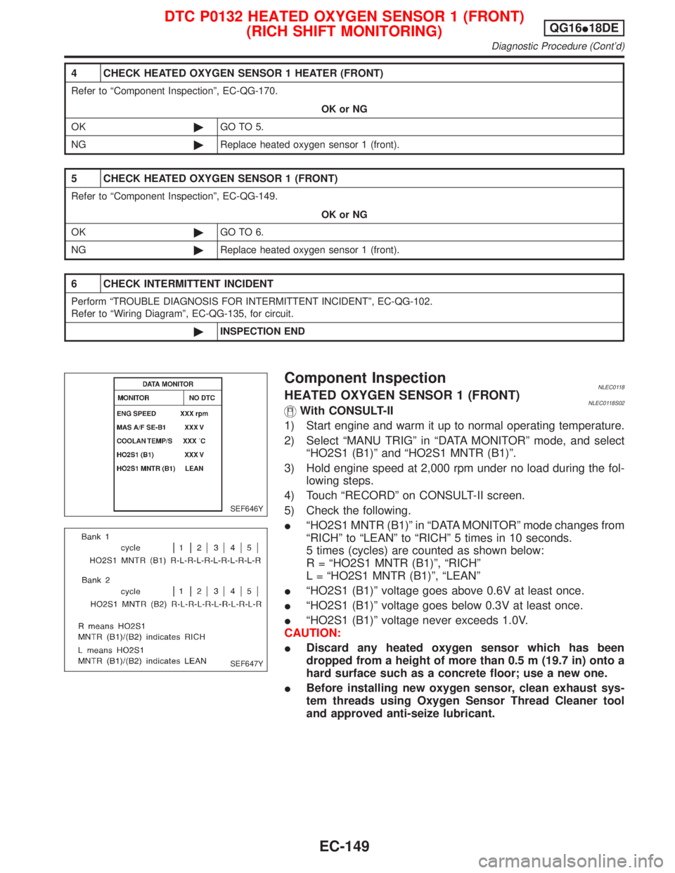 NISSAN PRIMERA 1999 Electronic Repair Manual 4 CHECK HEATED OXYGEN SENSOR 1 HEATER (FRONT)
Refer to ªComponent Inspectionº, EC-QG-170.
OK or NG
OK©GO TO 5.
NG©Replace heated oxygen sensor 1 (front).
5 CHECK HEATED OXYGEN SENSOR 1 (FRONT)
Ref NISSAN PRIMERA 1999 Electronic Repair Manual 4 CHECK HEATED OXYGEN SENSOR 1 HEATER (FRONT)
Refer to ªComponent Inspectionº, EC-QG-170.
OK or NG
OK©GO TO 5.
NG©Replace heated oxygen sensor 1 (front).
5 CHECK HEATED OXYGEN SENSOR 1 (FRONT)
Ref