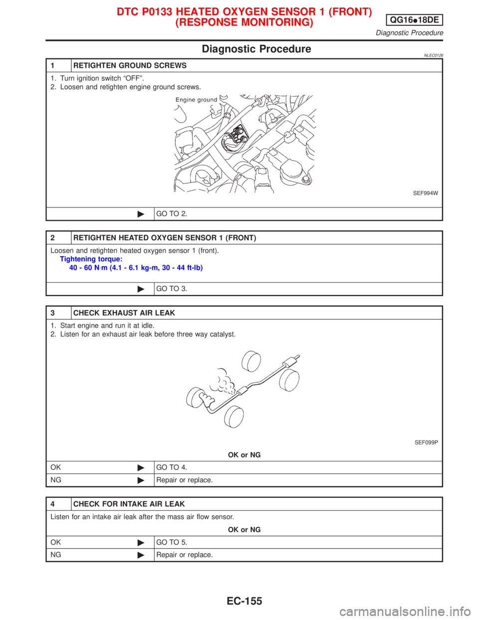 NISSAN PRIMERA 1999 Electronic Repair Manual Diagnostic ProcedureNLEC0126
1 RETIGHTEN GROUND SCREWS
1. Turn ignition switch ªOFFº.
2. Loosen and retighten engine ground screws.
SEF994W
©GO TO 2.
2 RETIGHTEN HEATED OXYGEN SENSOR 1 (FRONT)
Loos NISSAN PRIMERA 1999 Electronic Repair Manual Diagnostic ProcedureNLEC0126
1 RETIGHTEN GROUND SCREWS
1. Turn ignition switch ªOFFº.
2. Loosen and retighten engine ground screws.
SEF994W
©GO TO 2.
2 RETIGHTEN HEATED OXYGEN SENSOR 1 (FRONT)
Loos