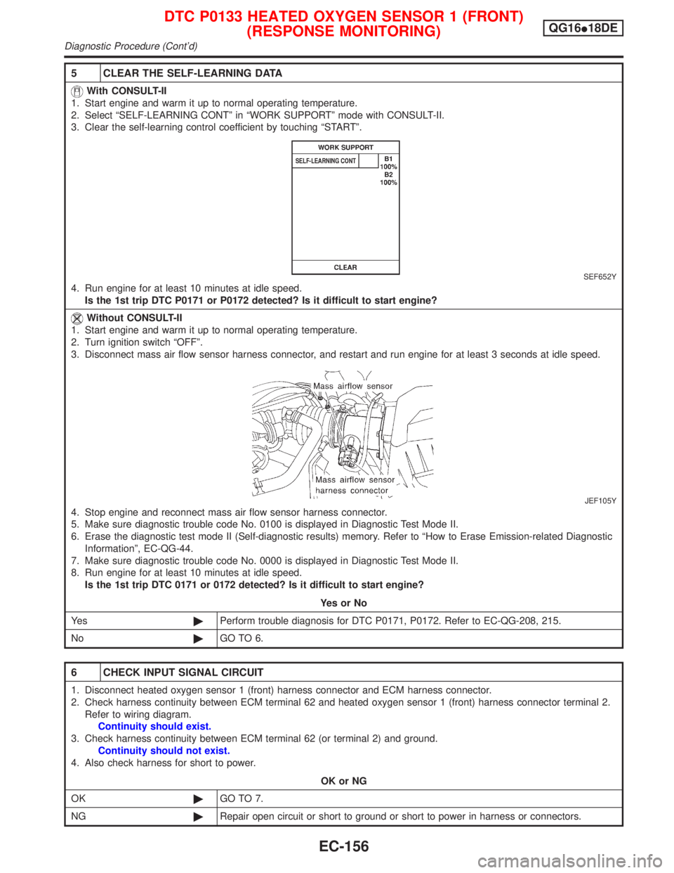 NISSAN PRIMERA 1999 Electronic Repair Manual 5 CLEAR THE SELF-LEARNING DATA
With CONSULT-II
1. Start engine and warm it up to normal operating temperature.
2. Select ªSELF-LEARNING CONTº in ªWORK SUPPORTº mode with CONSULT-II.
3. Clear the s NISSAN PRIMERA 1999 Electronic Repair Manual 5 CLEAR THE SELF-LEARNING DATA
With CONSULT-II
1. Start engine and warm it up to normal operating temperature.
2. Select ªSELF-LEARNING CONTº in ªWORK SUPPORTº mode with CONSULT-II.
3. Clear the s