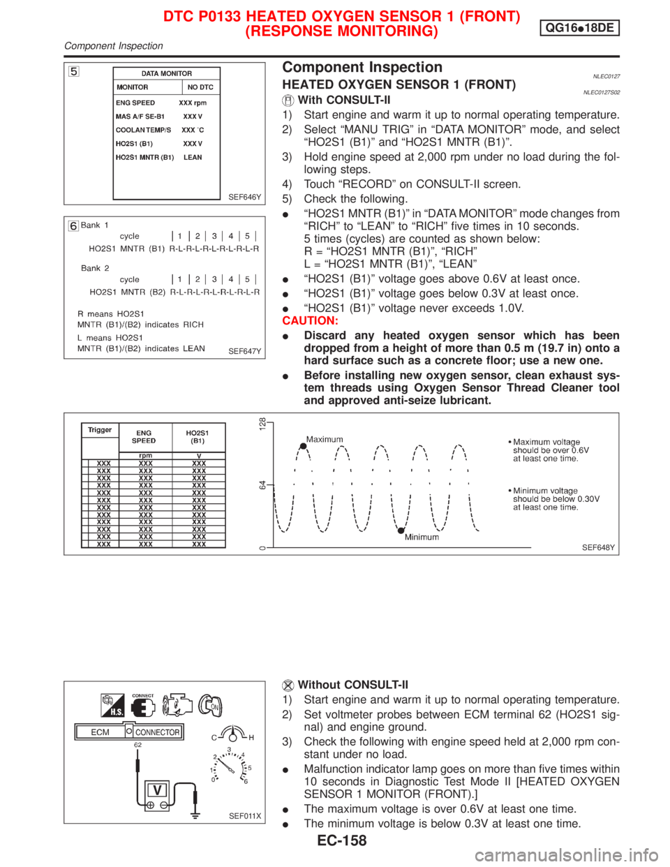 NISSAN PRIMERA 1999 Electronic Repair Manual Component InspectionNLEC0127HEATED OXYGEN SENSOR 1 (FRONT)NLEC0127S02With CONSULT-II
1) Start engine and warm it up to normal operating temperature.
2) Select ªMANU TRIGº in ªDATA MONITORº mode, a NISSAN PRIMERA 1999 Electronic Repair Manual Component InspectionNLEC0127HEATED OXYGEN SENSOR 1 (FRONT)NLEC0127S02With CONSULT-II
1) Start engine and warm it up to normal operating temperature.
2) Select ªMANU TRIGº in ªDATA MONITORº mode, a