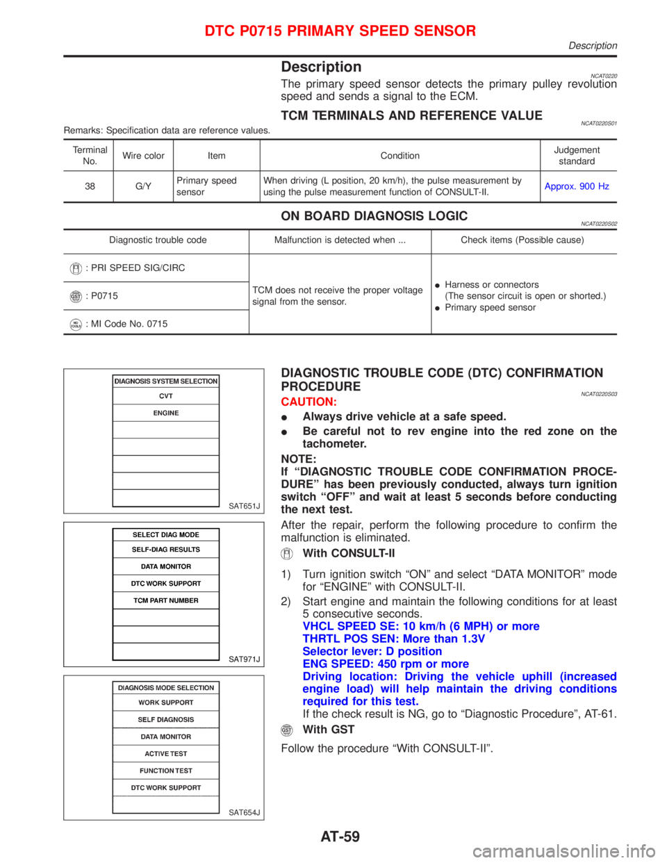 NISSAN PRIMERA 1999  Electronic Manual PDF DescriptionNCAT0220The primary speed sensor detects the primary pulley revolution
speed and sends a signal to the ECM.
TCM TERMINALS AND REFERENCE VALUENCAT0220S01Remarks: Specification data are refer