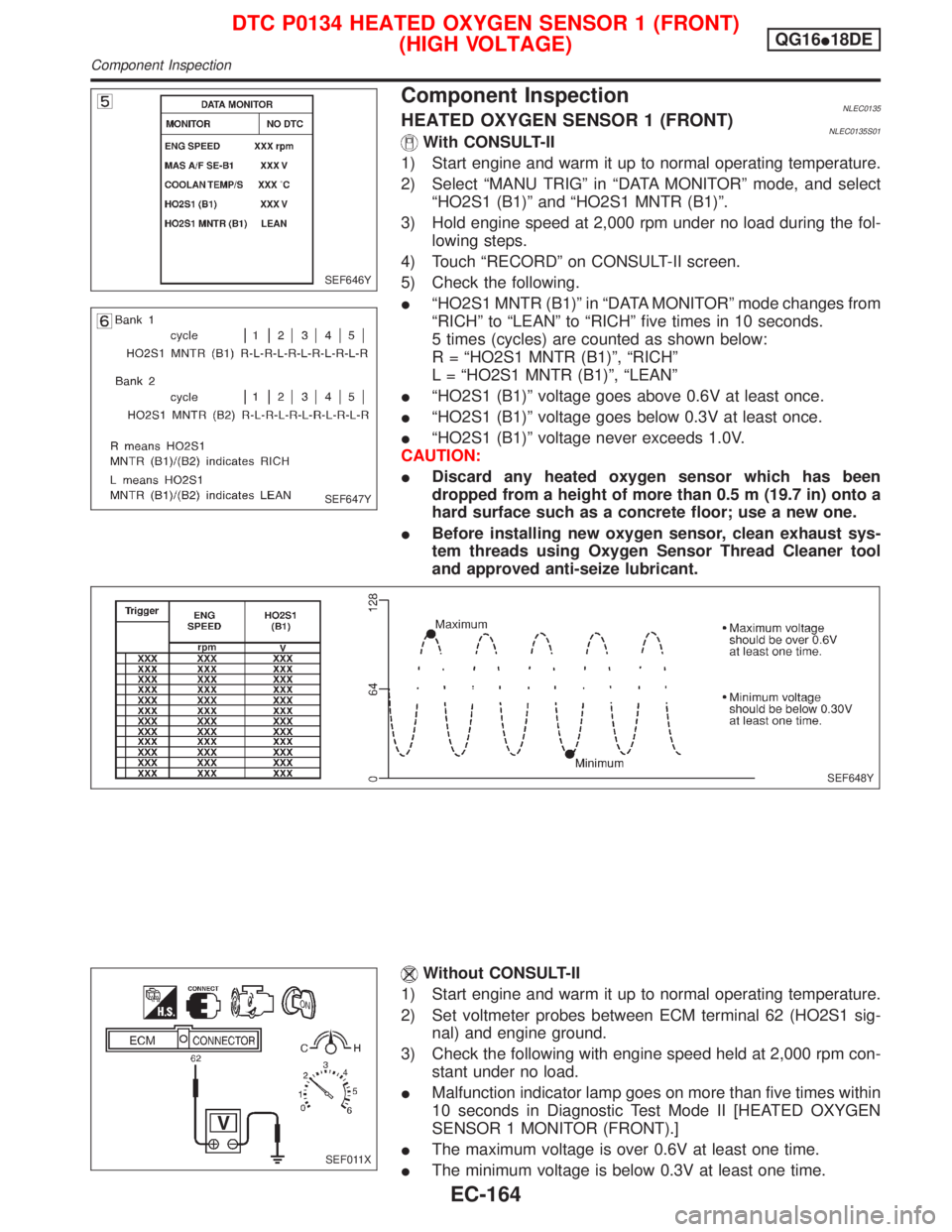 NISSAN PRIMERA 1999 Electronic Repair Manual Component InspectionNLEC0135HEATED OXYGEN SENSOR 1 (FRONT)NLEC0135S01With CONSULT-II
1) Start engine and warm it up to normal operating temperature.
2) Select ªMANU TRIGº in ªDATA MONITORº mode, a NISSAN PRIMERA 1999 Electronic Repair Manual Component InspectionNLEC0135HEATED OXYGEN SENSOR 1 (FRONT)NLEC0135S01With CONSULT-II
1) Start engine and warm it up to normal operating temperature.
2) Select ªMANU TRIGº in ªDATA MONITORº mode, a