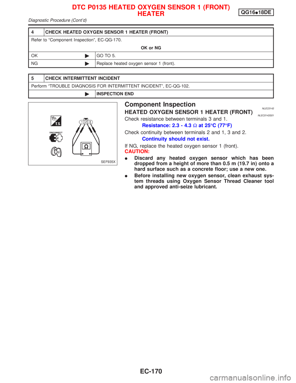 NISSAN PRIMERA 1999 Electronic Repair Manual 4 CHECK HEATED OXYGEN SENSOR 1 HEATER (FRONT)
Refer to ªComponent Inspectionº, EC-QG-170.
OK or NG
OK©GO TO 5.
NG©Replace heated oxygen sensor 1 (front).
5 CHECK INTERMITTENT INCIDENT
Perform ªTR NISSAN PRIMERA 1999 Electronic Repair Manual 4 CHECK HEATED OXYGEN SENSOR 1 HEATER (FRONT)
Refer to ªComponent Inspectionº, EC-QG-170.
OK or NG
OK©GO TO 5.
NG©Replace heated oxygen sensor 1 (front).
5 CHECK INTERMITTENT INCIDENT
Perform ªTR