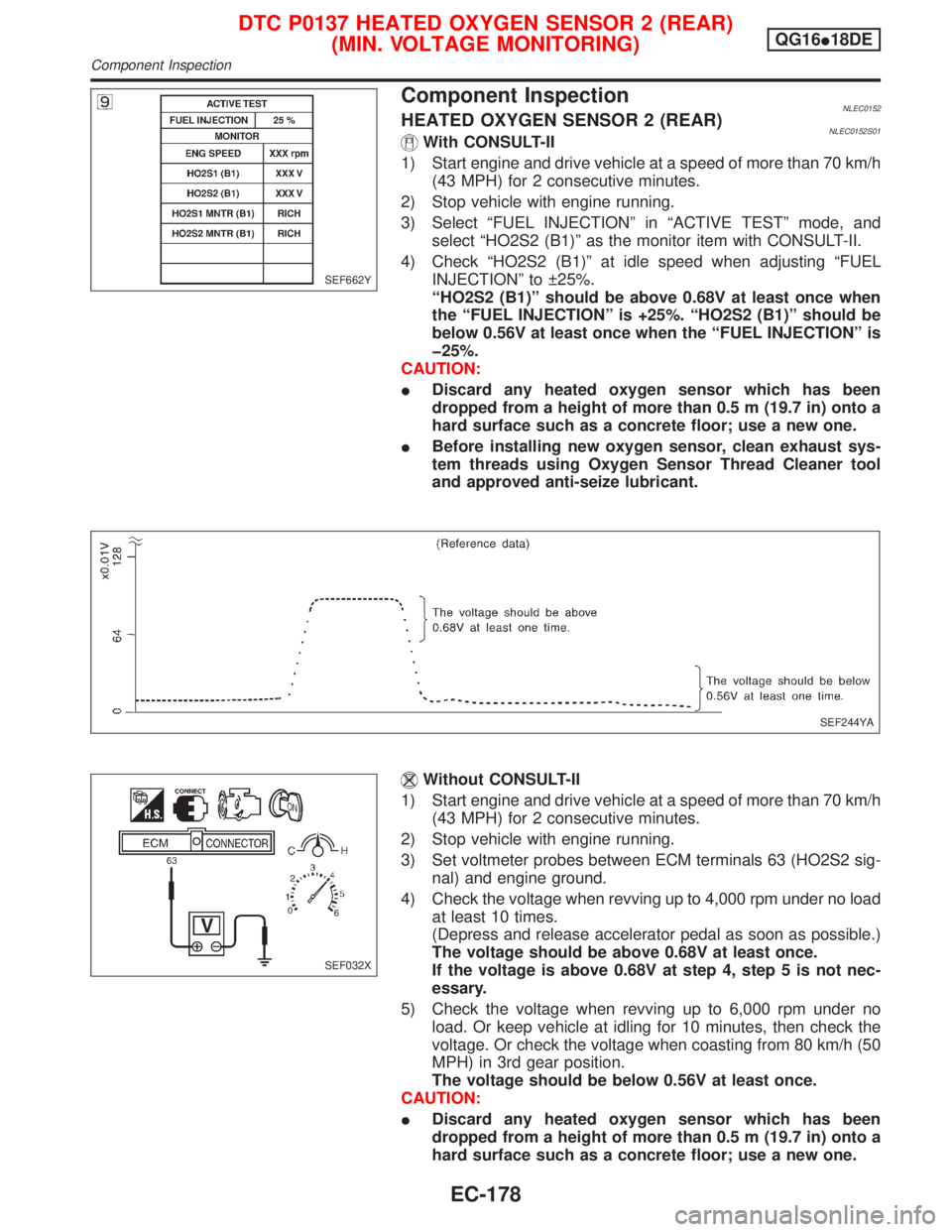 NISSAN PRIMERA 1999 Electronic Repair Manual Component InspectionNLEC0152HEATED OXYGEN SENSOR 2 (REAR)NLEC0152S01With CONSULT-II
1) Start engine and drive vehicle at a speed of more than 70 km/h
(43 MPH) for 2 consecutive minutes.
2) Stop vehicl NISSAN PRIMERA 1999 Electronic Repair Manual Component InspectionNLEC0152HEATED OXYGEN SENSOR 2 (REAR)NLEC0152S01With CONSULT-II
1) Start engine and drive vehicle at a speed of more than 70 km/h
(43 MPH) for 2 consecutive minutes.
2) Stop vehicl