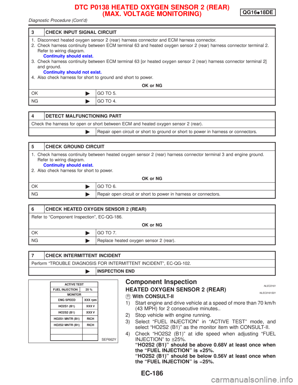 NISSAN PRIMERA 1999 Electronic Repair Manual 3 CHECK INPUT SIGNAL CIRCUIT
1. Disconnect heated oxygen sensor 2 (rear) harness connector and ECM harness connector.
2. Check harness continuity between ECM terminal 63 and heated oxygen sensor 2 (re NISSAN PRIMERA 1999 Electronic Repair Manual 3 CHECK INPUT SIGNAL CIRCUIT
1. Disconnect heated oxygen sensor 2 (rear) harness connector and ECM harness connector.
2. Check harness continuity between ECM terminal 63 and heated oxygen sensor 2 (re