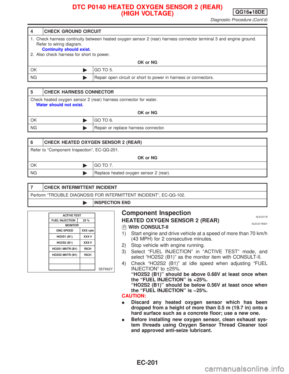 NISSAN PRIMERA 1999 Electronic Repair Manual 4 CHECK GROUND CIRCUIT
1. Check harness continuity between heated oxygen sensor 2 (rear) harness connector terminal 3 and engine ground.
Refer to wiring diagram.
Continuity should exist.
2. Also check NISSAN PRIMERA 1999 Electronic Repair Manual 4 CHECK GROUND CIRCUIT
1. Check harness continuity between heated oxygen sensor 2 (rear) harness connector terminal 3 and engine ground.
Refer to wiring diagram.
Continuity should exist.
2. Also check