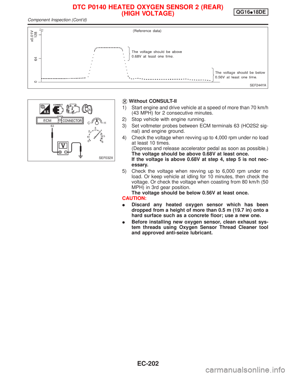 NISSAN PRIMERA 1999 Electronic Repair Manual Without CONSULT-II
1) Start engine and drive vehicle at a speed of more than 70 km/h
(43 MPH) for 2 consecutive minutes.
2) Stop vehicle with engine running.
3) Set voltmeter probes between ECM termin NISSAN PRIMERA 1999 Electronic Repair Manual Without CONSULT-II
1) Start engine and drive vehicle at a speed of more than 70 km/h
(43 MPH) for 2 consecutive minutes.
2) Stop vehicle with engine running.
3) Set voltmeter probes between ECM termin