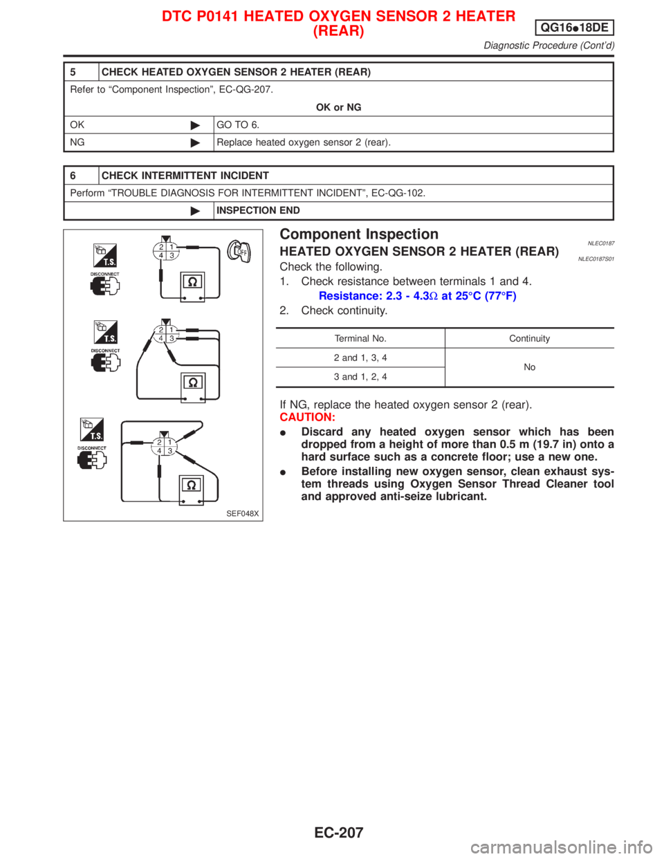 NISSAN PRIMERA 1999 Electronic Repair Manual 5 CHECK HEATED OXYGEN SENSOR 2 HEATER (REAR)
Refer to ªComponent Inspectionº, EC-QG-207.
OK or NG
OK©GO TO 6.
NG©Replace heated oxygen sensor 2 (rear).
6 CHECK INTERMITTENT INCIDENT
Perform ªTROU NISSAN PRIMERA 1999 Electronic Repair Manual 5 CHECK HEATED OXYGEN SENSOR 2 HEATER (REAR)
Refer to ªComponent Inspectionº, EC-QG-207.
OK or NG
OK©GO TO 6.
NG©Replace heated oxygen sensor 2 (rear).
6 CHECK INTERMITTENT INCIDENT
Perform ªTROU
